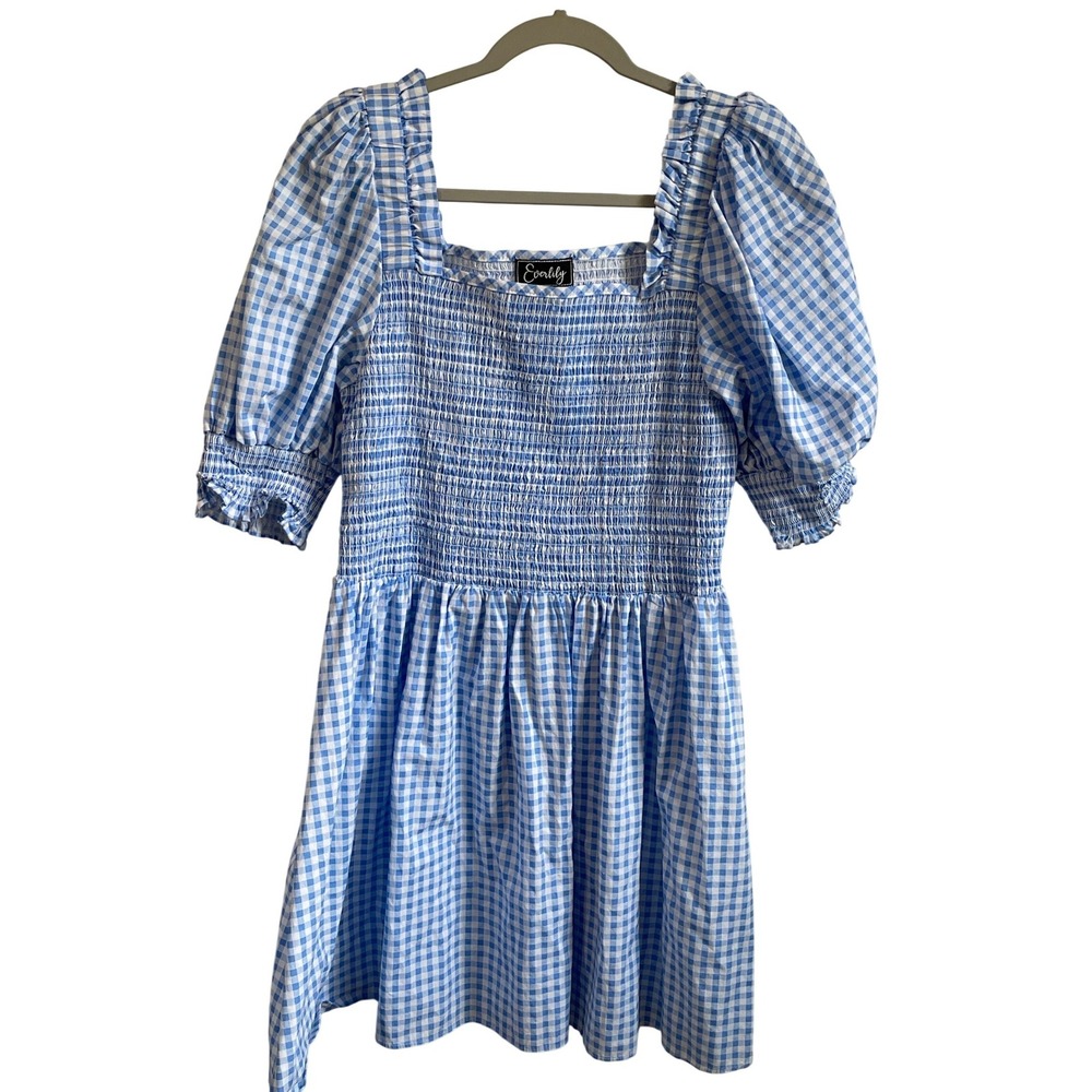 Everlily Blue White Gingham Smocked Puff Sleeve Cotton Mini Dress XL Seersucker